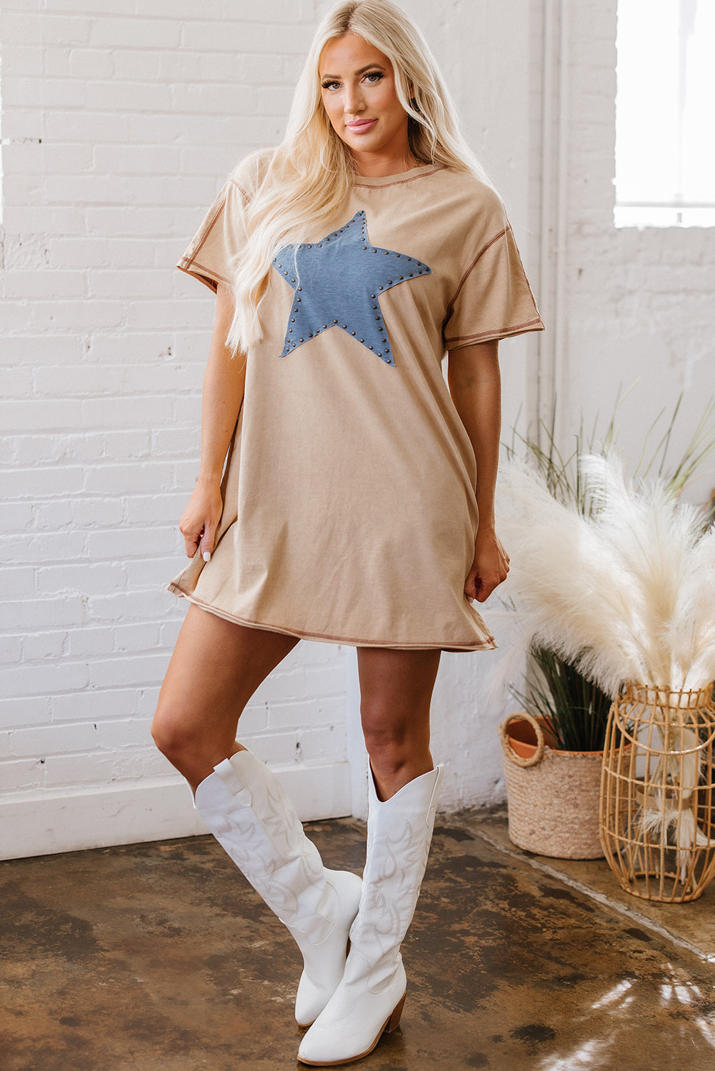 KHAKI STAR T SHIRT DRESS