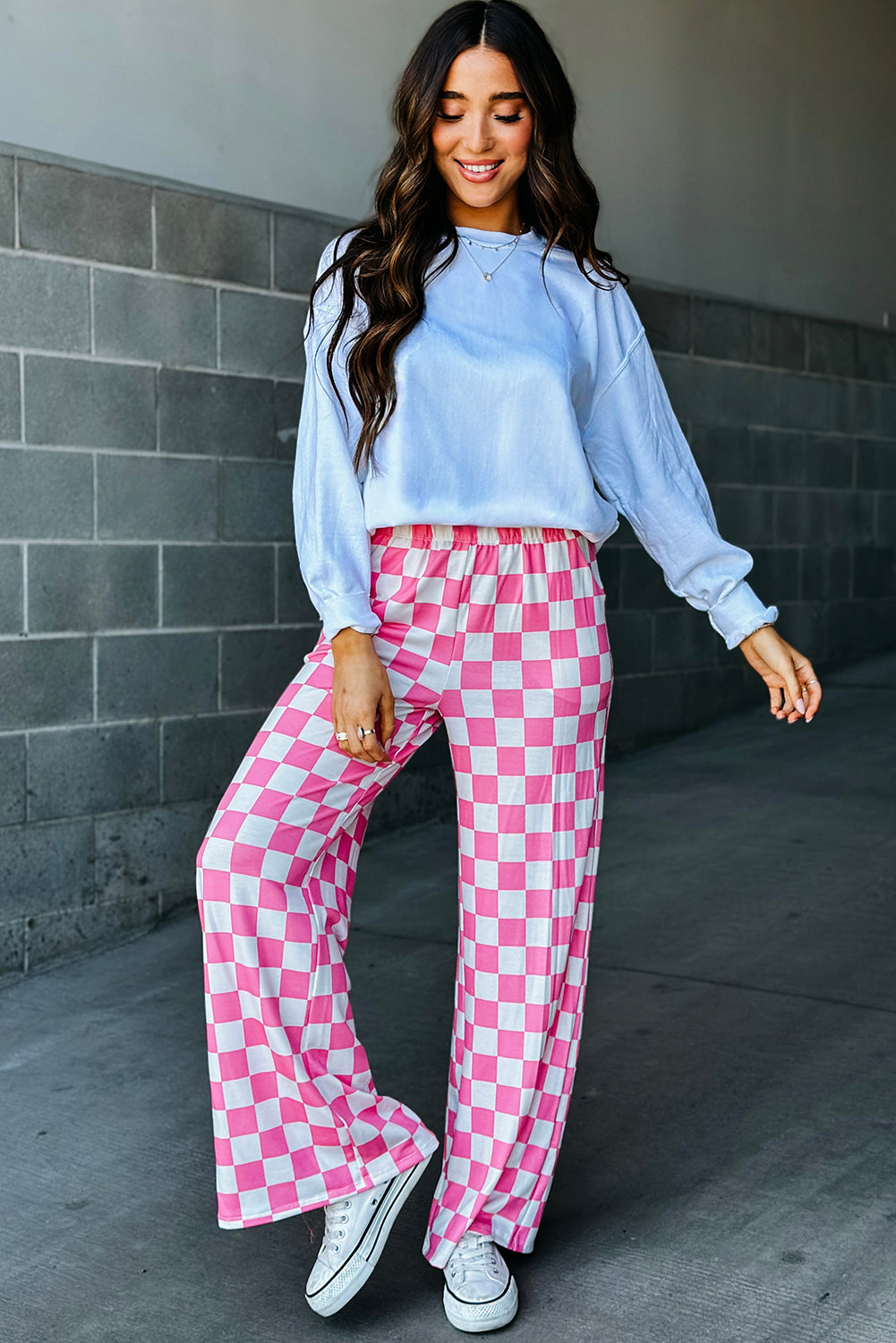 PINK CHECKERED WIDE LEG PANTS