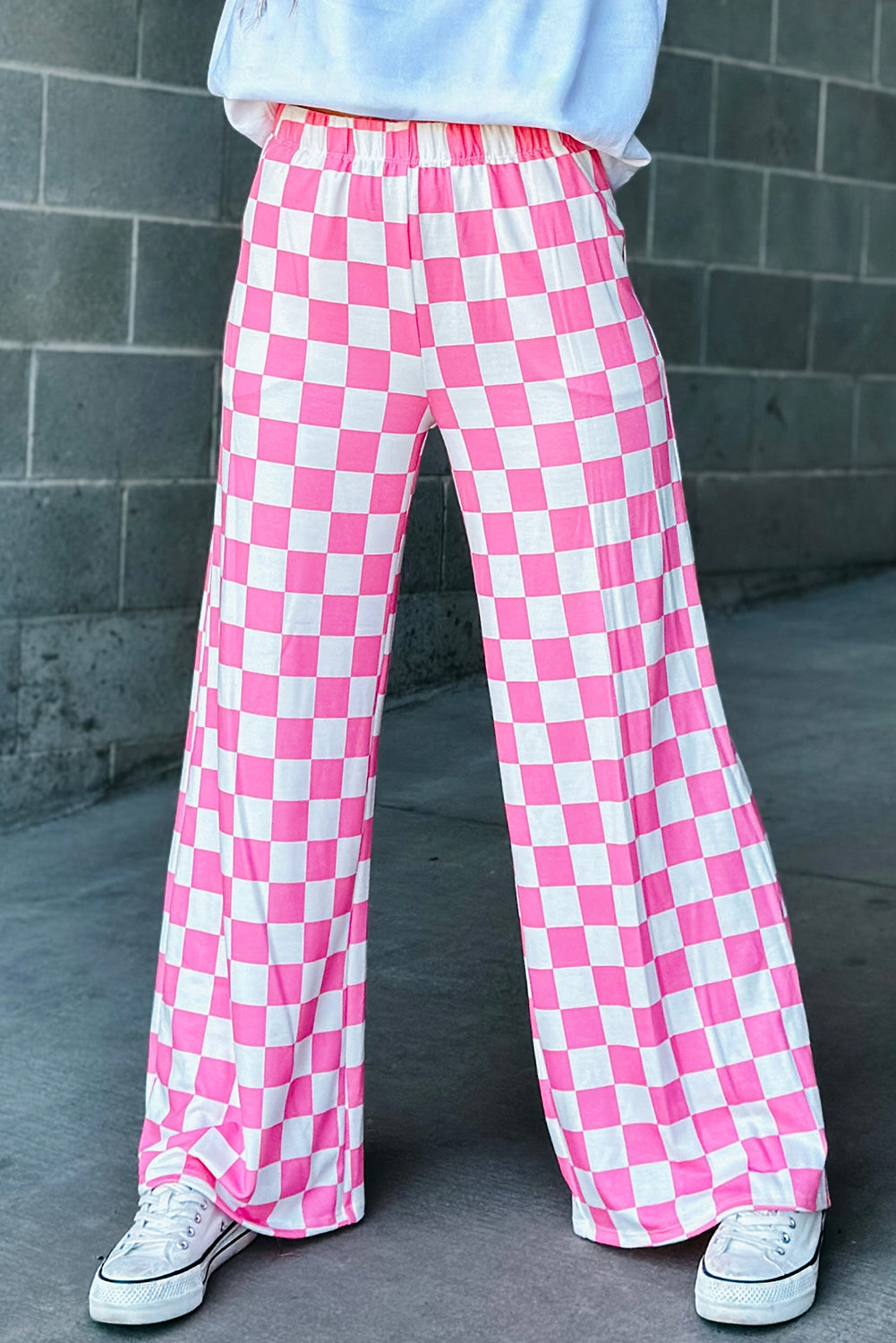 PINK CHECKERED WIDE LEG PANTS