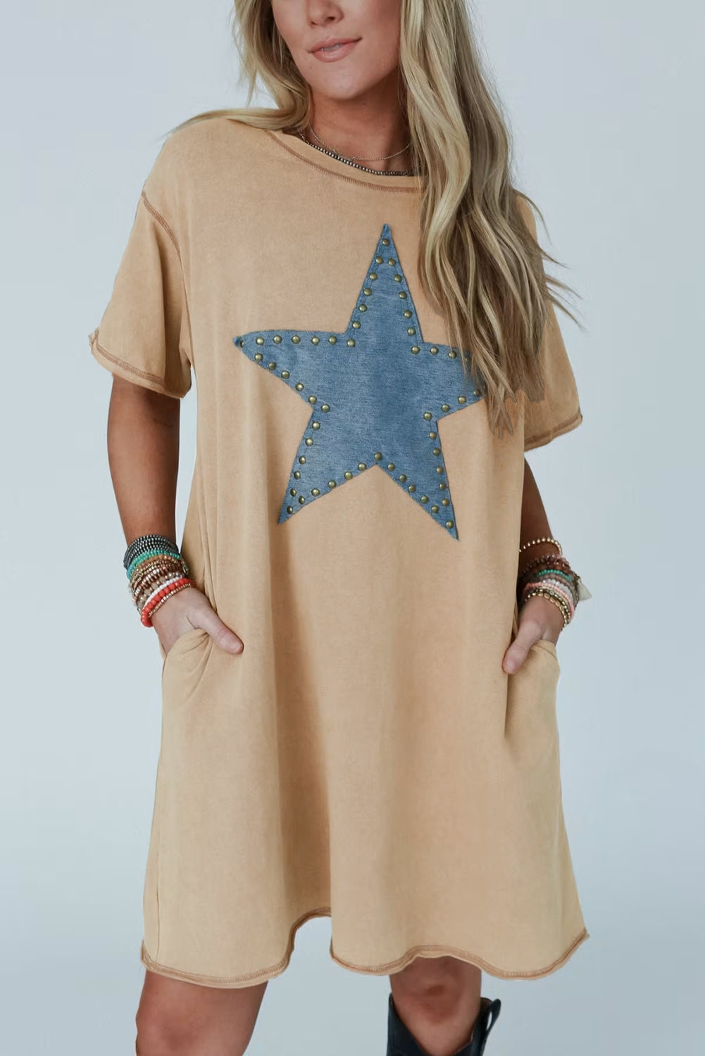 KHAKI STAR T SHIRT DRESS