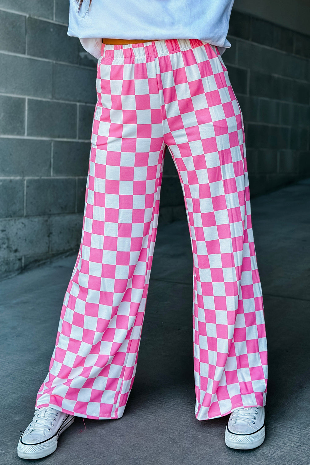 PINK CHECKERED WIDE LEG PANTS