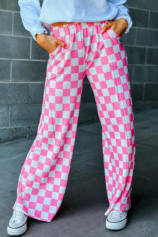 PINK CHECKERED WIDE LEG PANTS