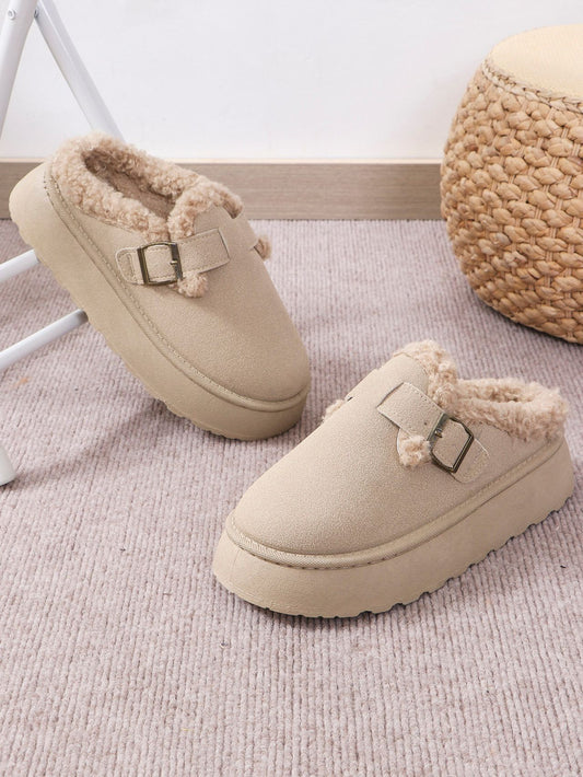 FUZZY BUCKLE PLATFORM SLIPPERS